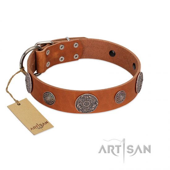 C575 - "Foxy Nature" FDT Artisan Tan Leather Dog Collar with Chrome Plated Brooches