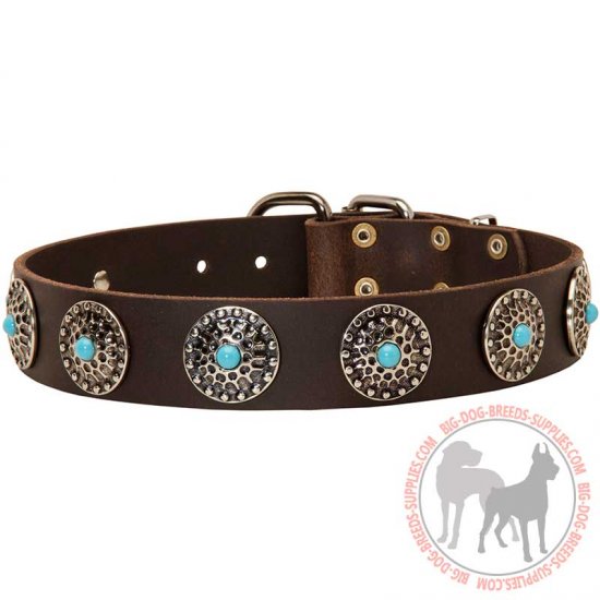 C75 - PRICE LEVEL 2 - Leather Dog Collar with Blue Stones for Walking and Training
