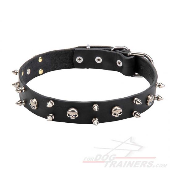C57 - PRICE LEVEL 1 - Leather Dog Collar with Skulls and 2 Rows of Spikes