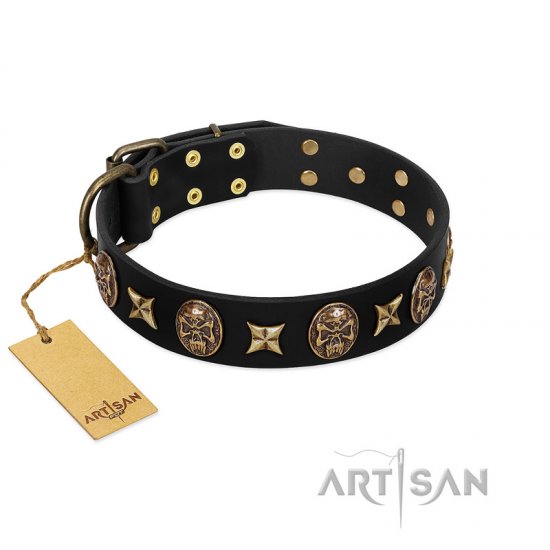 C421 - PRICE LEVEL 2 -"Starry Saga" FDT Artisan Black Leather Dog Collar with Stars and Skulls
