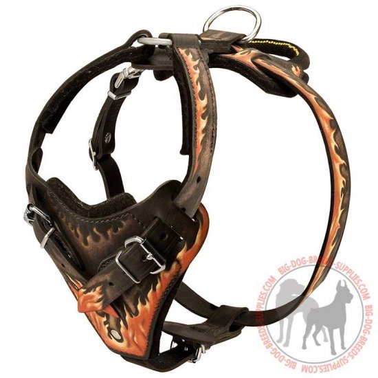 H1FL - PRICE LEVEL #2 Fire Flames Painted Agitation Training Leather Dog Harness
