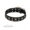 C168 - PRICE LEVEL 2 - FDT Artisan Fancy Rock 'n' Roll Style Black Leather Dog Collar with Skulls, Bones and Studs 1 1/2 inch (4