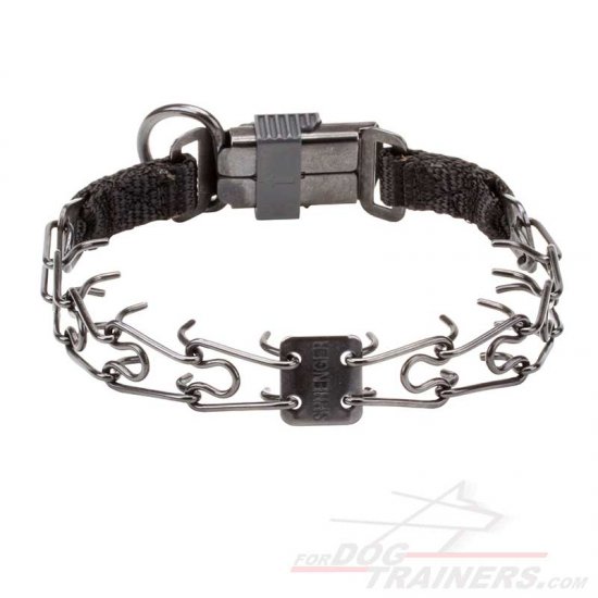 HS98 - PRICE LEVEL 1 - Dog Pinch Collar of Black Stainless Steel with Click Lock Buckle - 1/11 inch (2.25 mm) link diameter