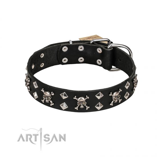 C168 - PRICE LEVEL 2 - FDT Artisan Fancy Rock 'n' Roll Style Black Leather Dog Collar with Skulls, Bones and Studs 1 1/2 inch (4