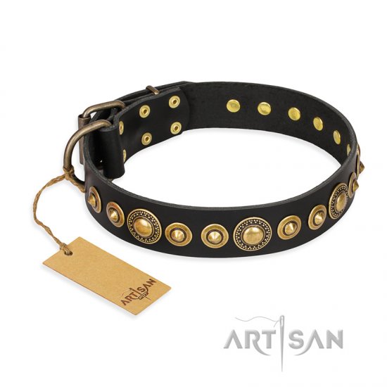 C218 - PRICE LEVEL 2 -'Gold Mine' FDT Artisan Black Leather Dog Collar with Amazing Bronze-Plated Round Studs