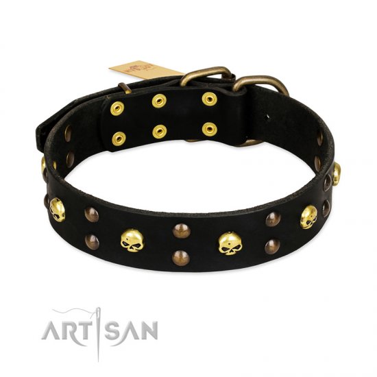 C171 - PRICE LEVEL 2 -FDT Artisan 'Heavy Metal' Leather Dog Collar with Skulls and Studs 1 1/2 inch (40 mm)