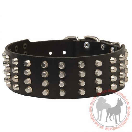 S89 - PRICE LEVEL 2 - Extra Wide Leather Dog Collar with 4 Rows of Pyramids