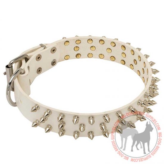 S44W - Price Level 2 - White Leather Dog Collar 3 Rows of Spikes