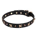 C127 - PRICE LEVEL 2 -'Four Cornered Stars' Leather Dog Collar with Old Bronze-plated Decoration