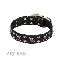 C168 - PRICE LEVEL 2 - FDT Artisan Fancy Rock 'n' Roll Style Black Leather Dog Collar with Skulls, Bones and Studs 1 1/2 inch (4