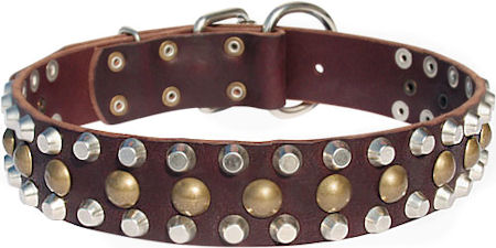 Custom 3 Rows Leather Dog Collar with Pyramids and Studs